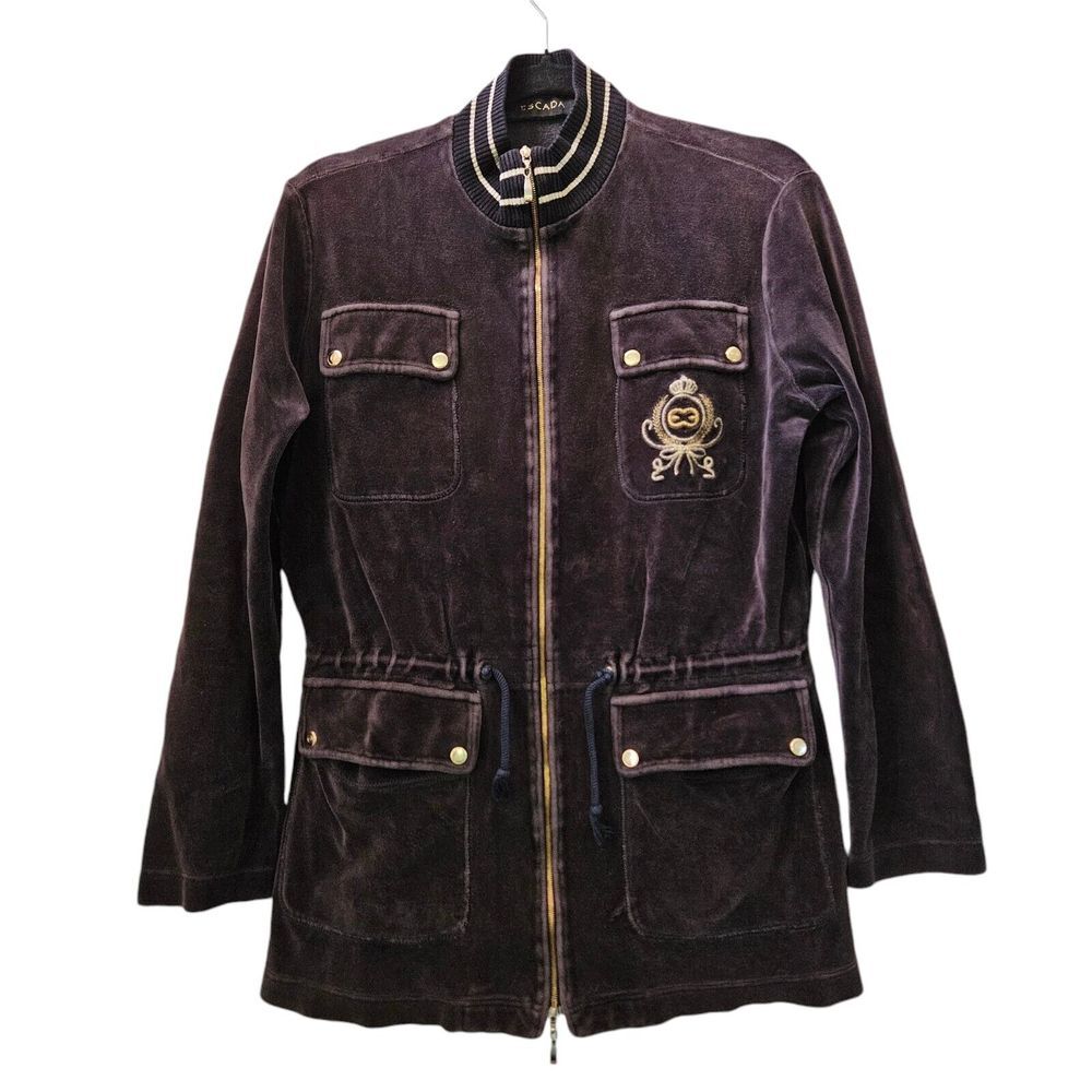Escada Jacket Womens M 40 Dark Purple Track Velvet Sweatshirt Gold Crest Grunge